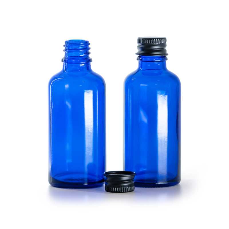 Kék üvegpalack, fekete alumínium kupak, 50 ml