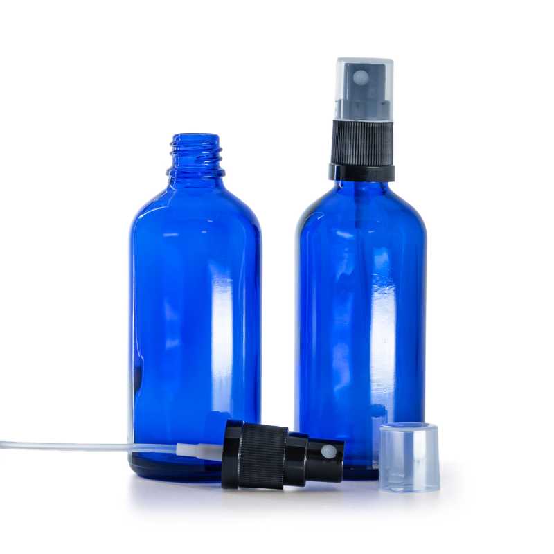 Kék üvegpalack fekete permetezőfejjel 100 ml