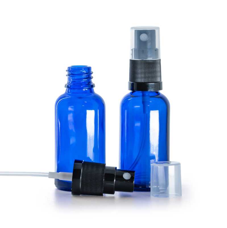 Kék üvegpalack fekete szórófejjel 30 ml