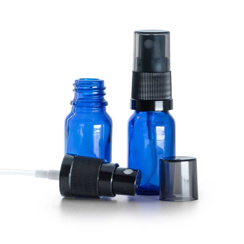 Kék üvegcse, fekete finompermetező füstös felső kupakkal, 10 ml