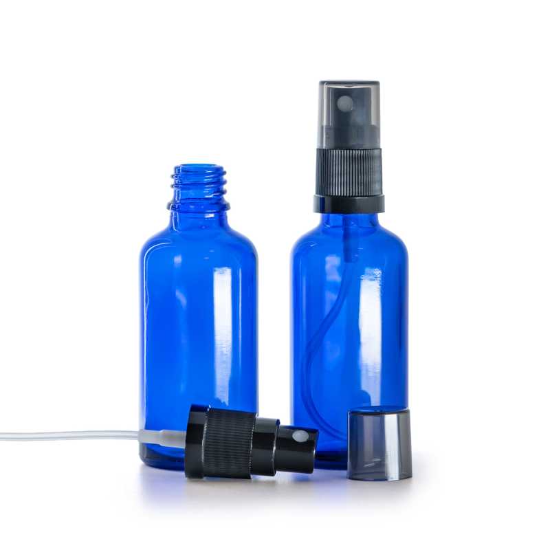 Kék üvegcse, fekete finompermetező, füstös felső kupak, 50 ml