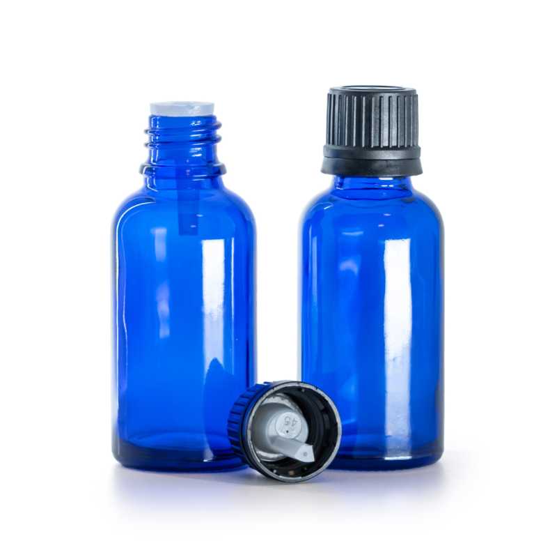 Kék üvegpalack fekete pipettás kupakkal 30 ml