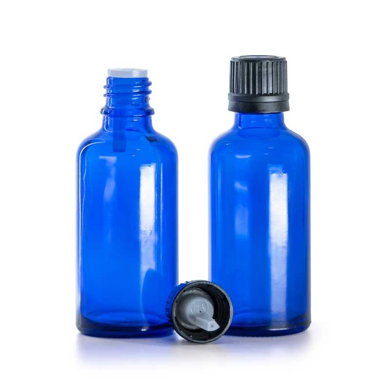 Kék üveg palack fekete cseppentős kupakkal, 50 ml