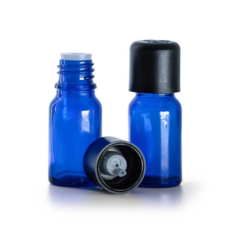 Kék üvegpalack, fekete biztosító kupak cseppentővel, 10 ml