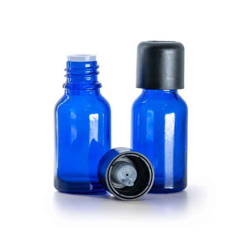 Kék üvegpalack 15 ml fekete garanciazáras kupakkal