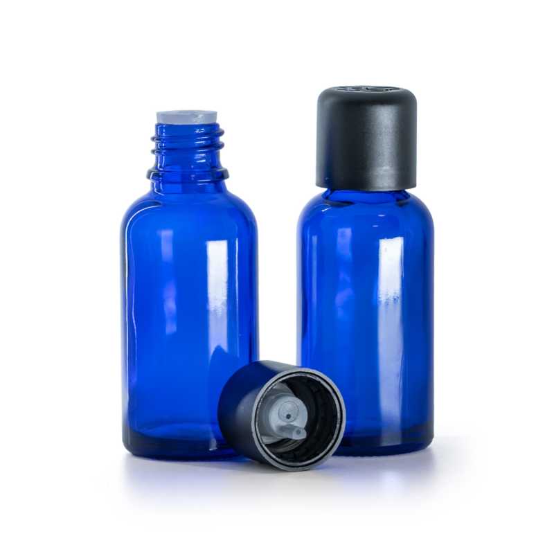 Kék üvegpalack, fekete first-open biztonsági kupakkal és cseppentőbetéttel, 30 ml