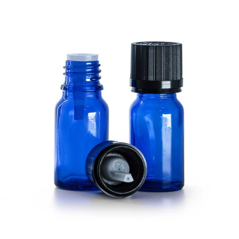 Kék üvegpalack, fekete biztonsági cseppentős kupak, 10 ml