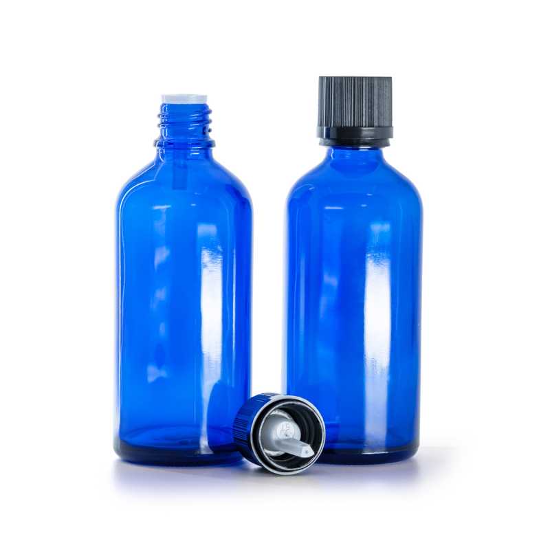 Kék üvegpalack, fekete biztonsági cseppentős kupak, 100 ml