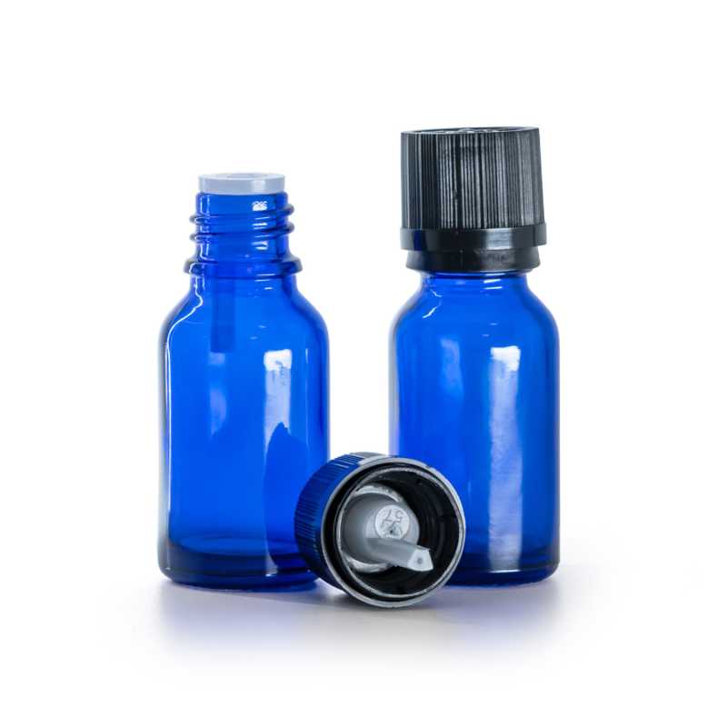 Kék üvegpalack, fekete biztonsági kupak cseppentőbetéttel, 15 ml