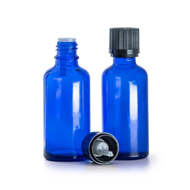 Kék üvegpalack 50 ml fekete bordázott biztonsági kupakkal