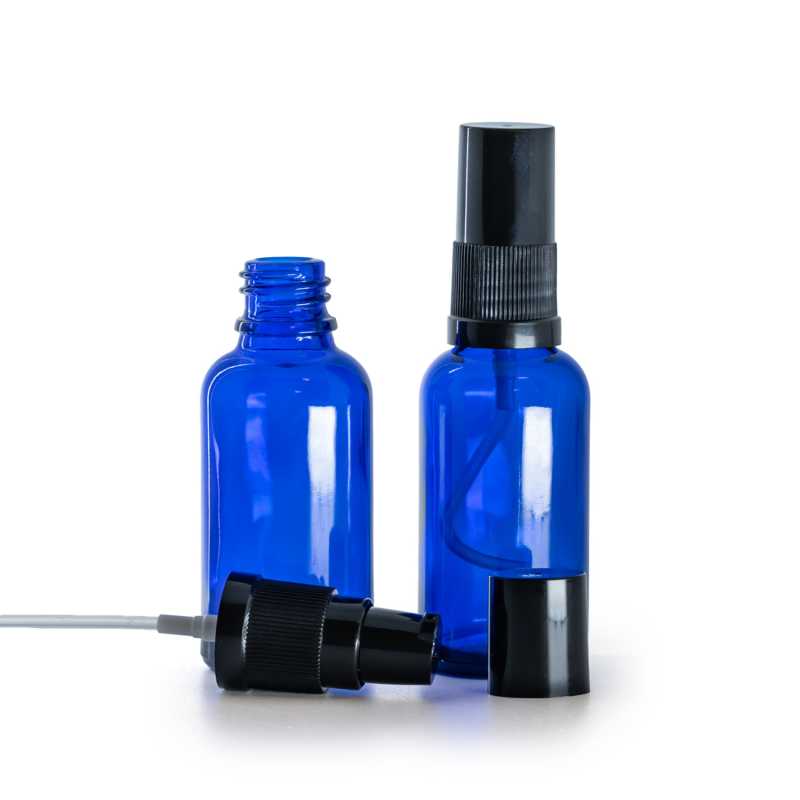 Kék üvegpalack fekete krémadagoló pumpával és fekete kupakkal, 30 ml
