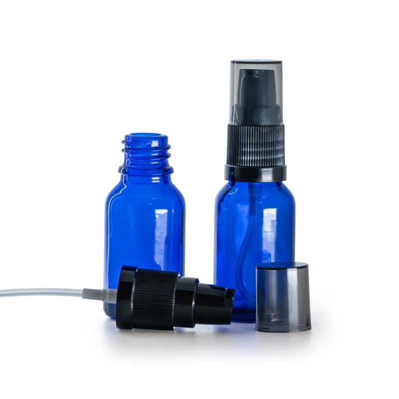 Kék üvegpalack, krémpumpa füstös kupakkal, 15 ml