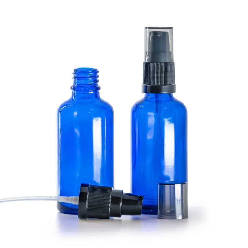 Kék üvegpalack, krémadagoló pumpa füstszínű kupakkal, 50 ml