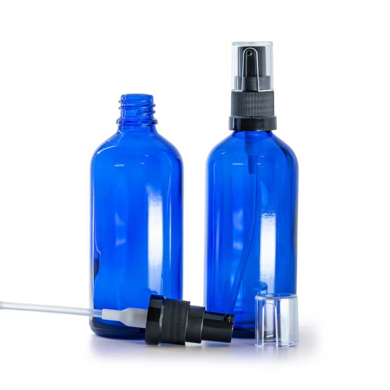 Kék üvegpalack, olajadagoló pumpa, 100 ml