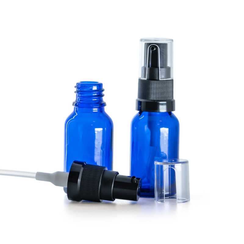 Kék üvegpalack olajadagoló pumpával 15 ml