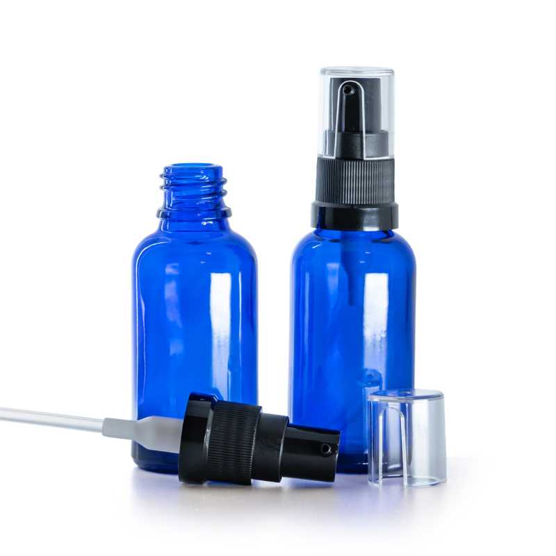Kék üvegpalack olajadagoló pumpával 30 ml