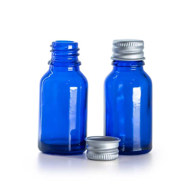 Kék üvegpalack ezüst alumínium kupakkal 15 ml