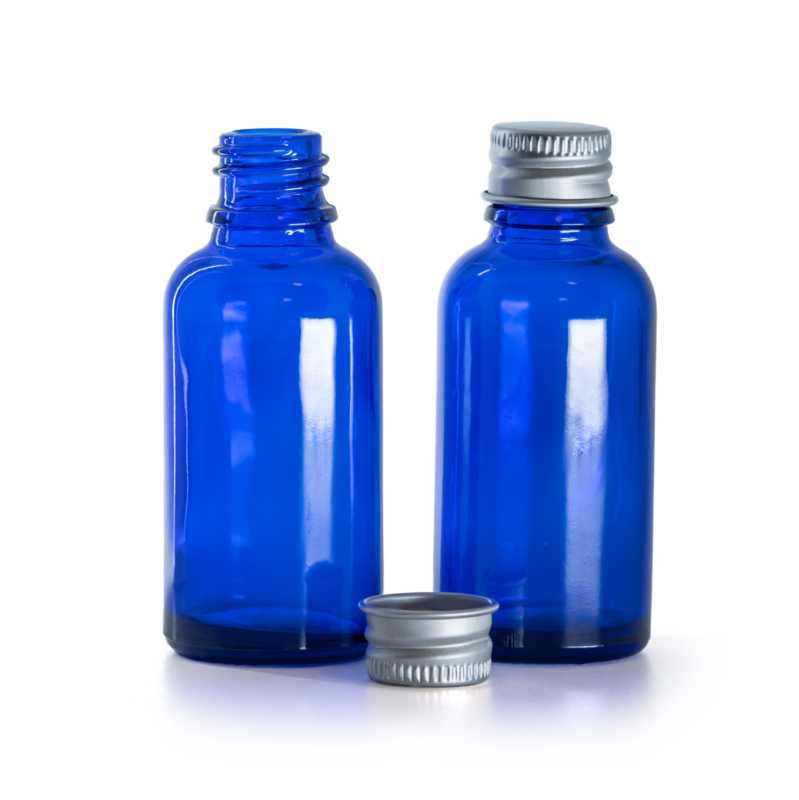 Kék üvegpalack alumínium kupakkal, 30 ml