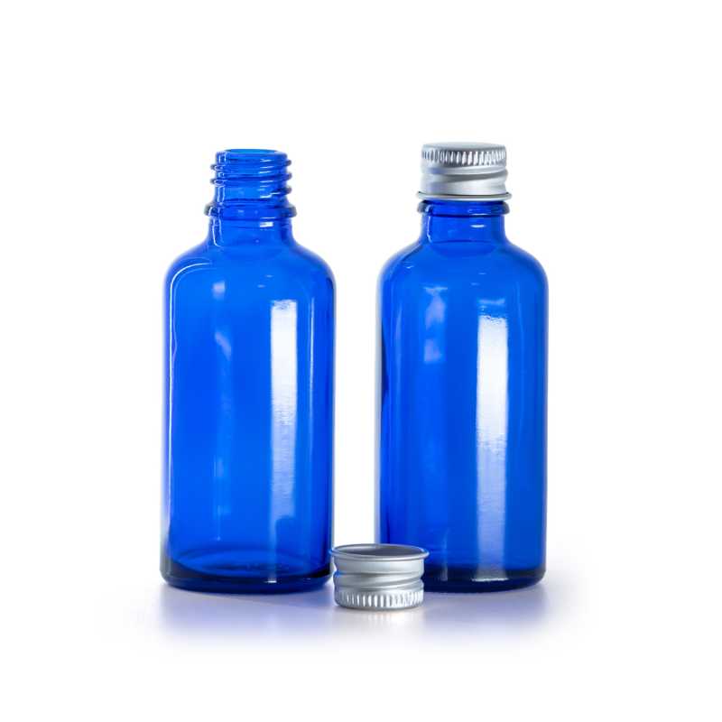 Kék üvegpalack alumínium kupakkal, 50 ml