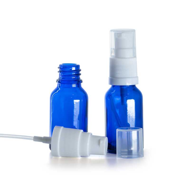 Kék üvegpalack fehér adagolóval, 15 ml