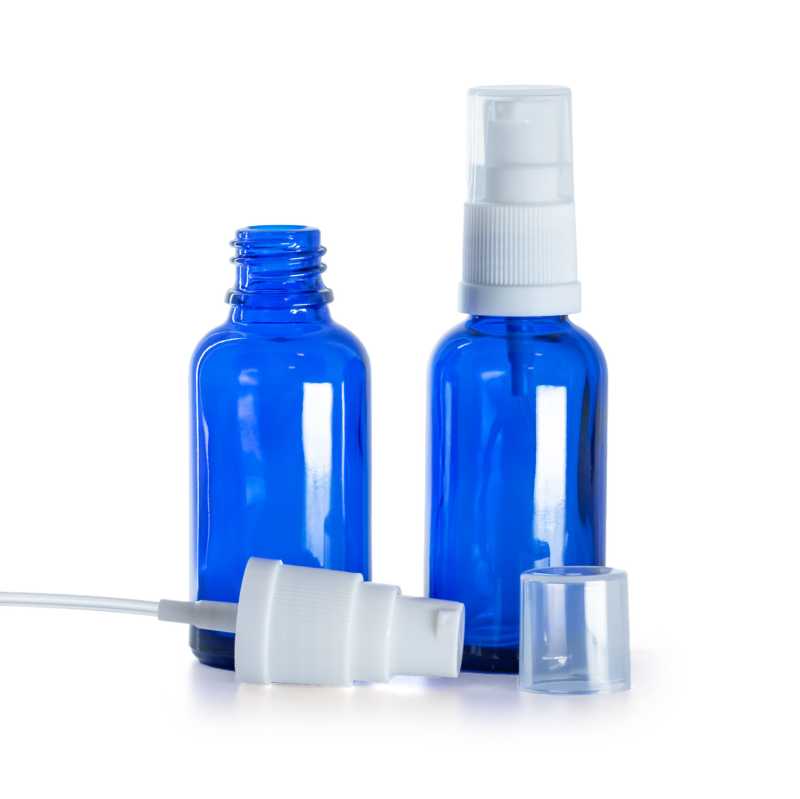 Kék üvegpalack, fehér adagolófej, 30 ml
