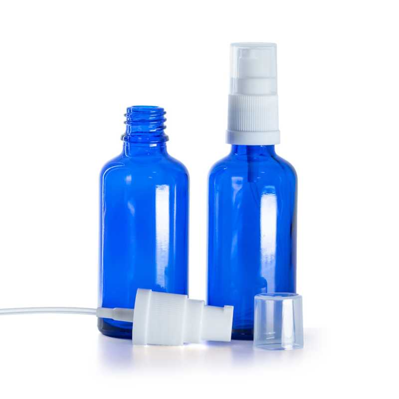 Kék üvegpalack fehér adagoló pumpával, 50 ml