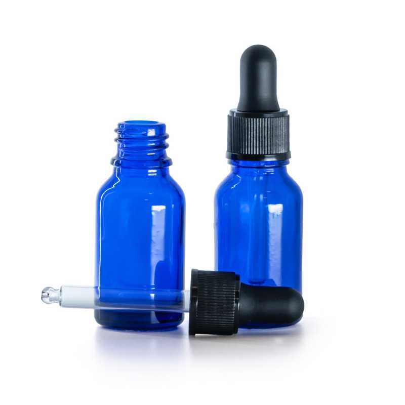 Kék üvegpalack, matt fekete cseppentős kupak, 15 ml