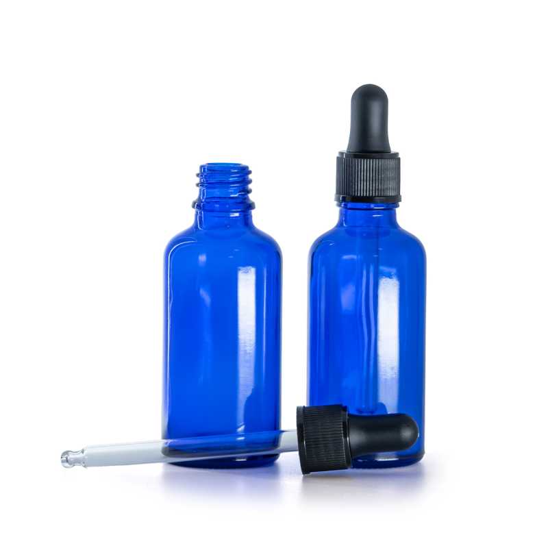 Kék üvegpalack, matt fekete cseppentő, 50 ml