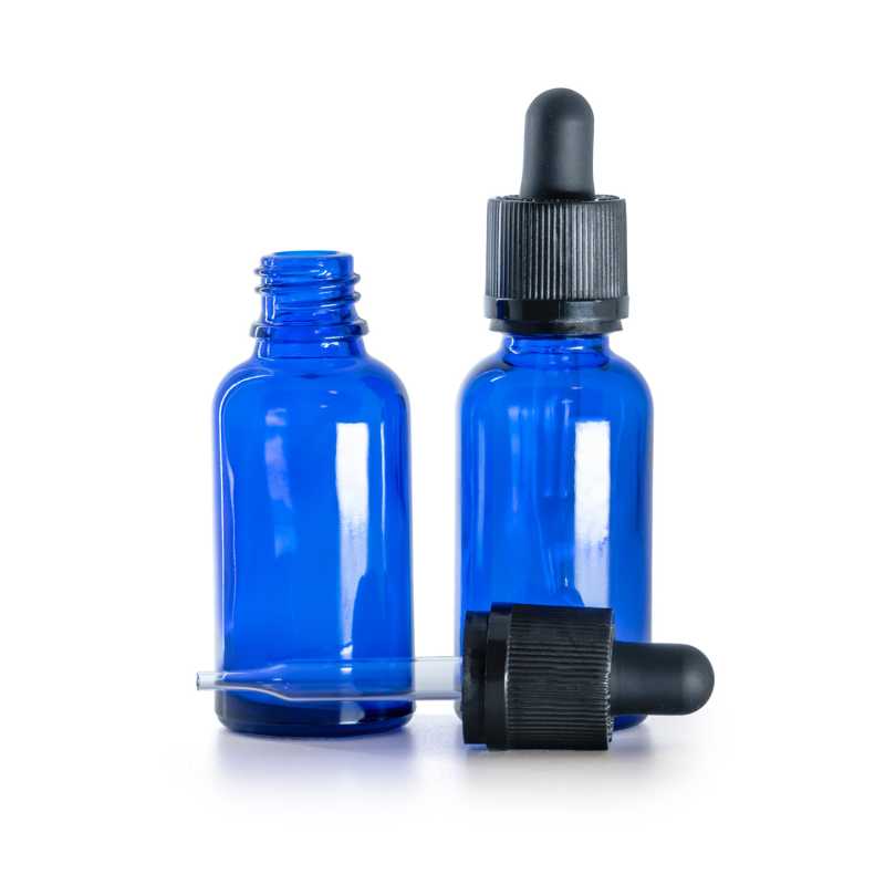 Kék üvegpalack gyermekbiztos pipettával, 30 ml