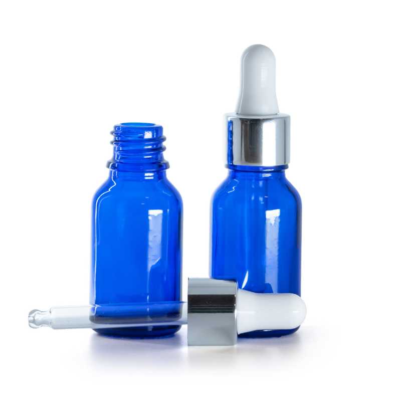 Kék üvegpalack fényes ezüst pipettával, 15 ml