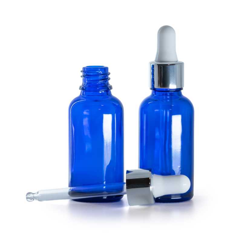 Kék üvegpalack fényes ezüst pipettával 30 ml