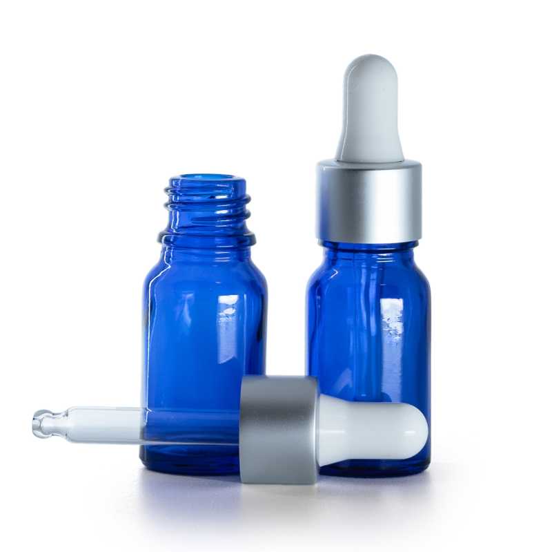 Kék üvegpalack matt ezüst pipettás kupakkal 10 ml