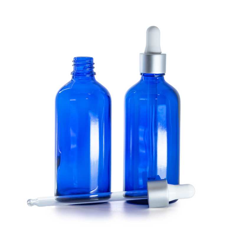 Kék üvegpalack matt ezüst pipettás kupakkal 100 ml