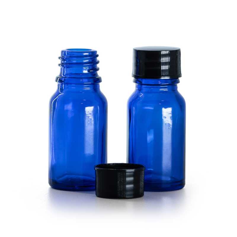 Kék üvegpalack fekete kupakkal 10 ml