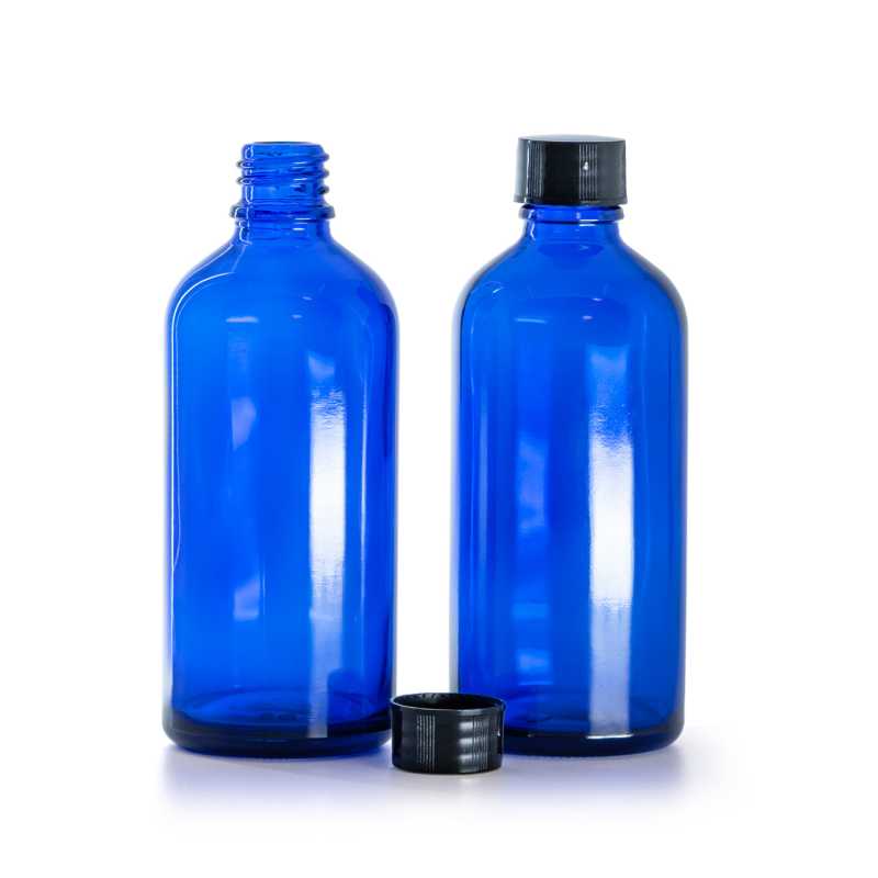 Kék üvegpalack, fekete kupak, 100 ml