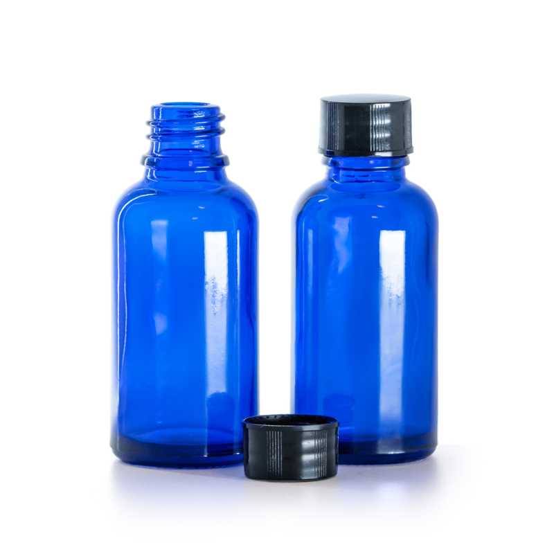 Kék üvegpalack, fekete kupak, 30 ml