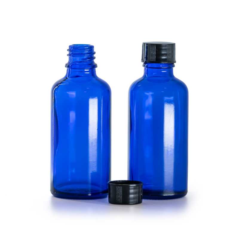 Kék üvegpalack fekete kupakkal 50 ml
