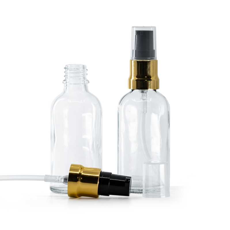 Átlátszó üvegpalack, fényes fekete-arany adagoló átlátszó kupakkal, 50 ml