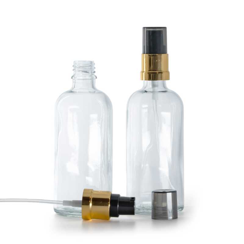 Átlátszó üvegcse, fényes fekete-arany pumpa füstös felső kupakkal, 100 ml