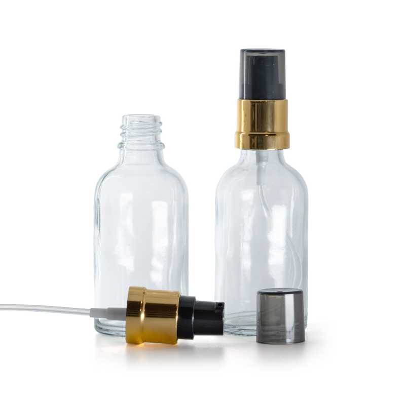 Átlátszó üvegcse, fényes fekete-arany pumpa füstös felső kupakkal, 30 ml