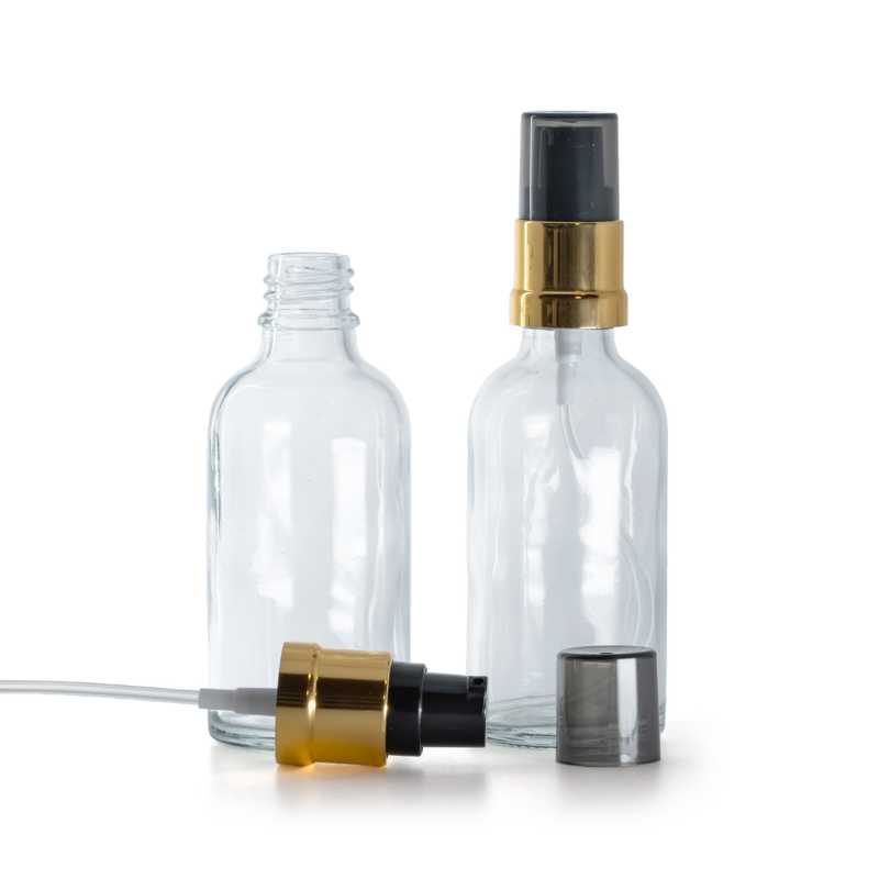 Átlátszó üvegpalack, fényes fekete-arany pumpa, 50 ml