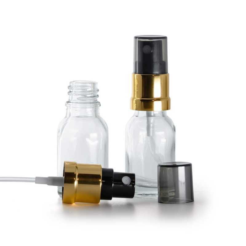 Átlátszó üvegpalack, fekete/aranyfényű permetezőfej, füstös kupak, 15 ml