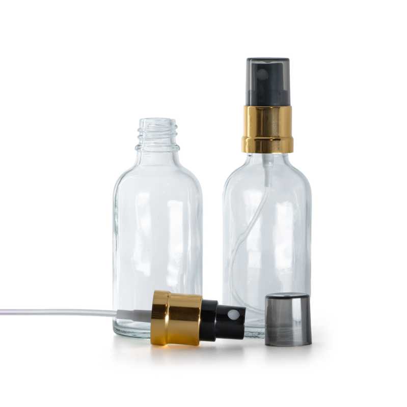 Átlátszó üvegpalack, fekete permetező fényes arany köpennyel, smokey kupak, 30 ml