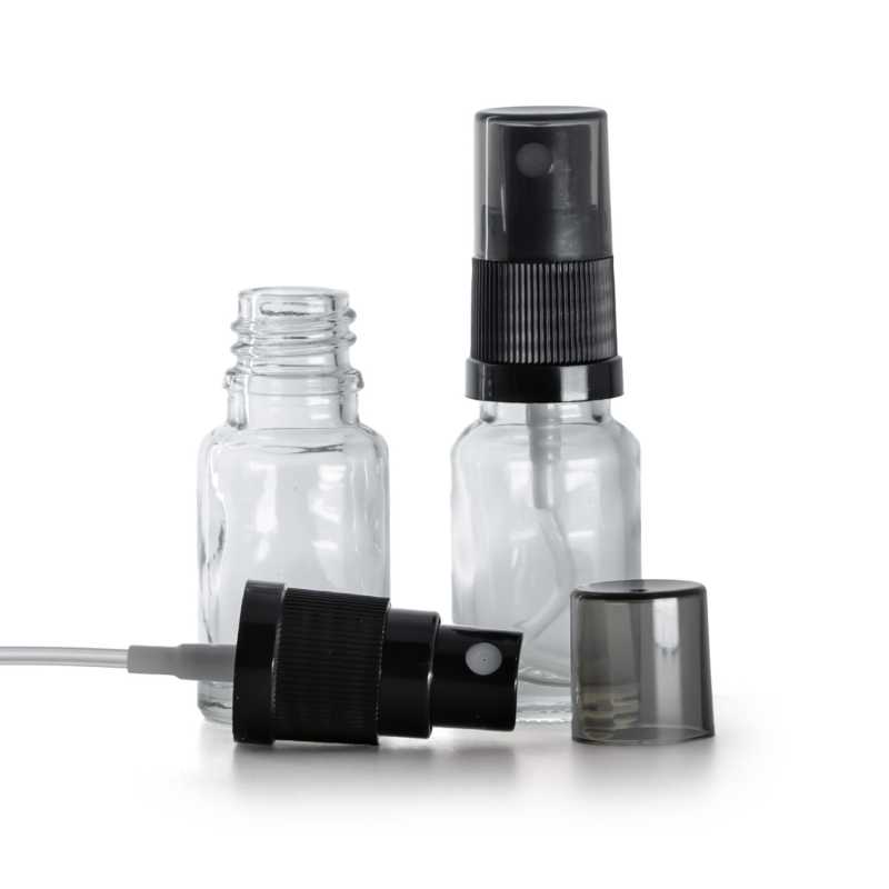 Átlátszó üvegcse, fekete finompermetező, füstös felső kupak, 10 ml