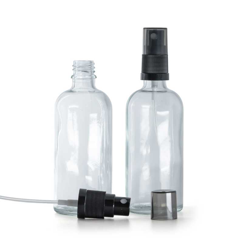 Átlátszó üvegcse, fekete finompermetező, füstös felső kupak, 100 ml
