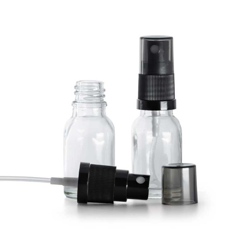 Átlátszó üvegcse, fekete finompermetező, füstös felső kupak, 15 ml