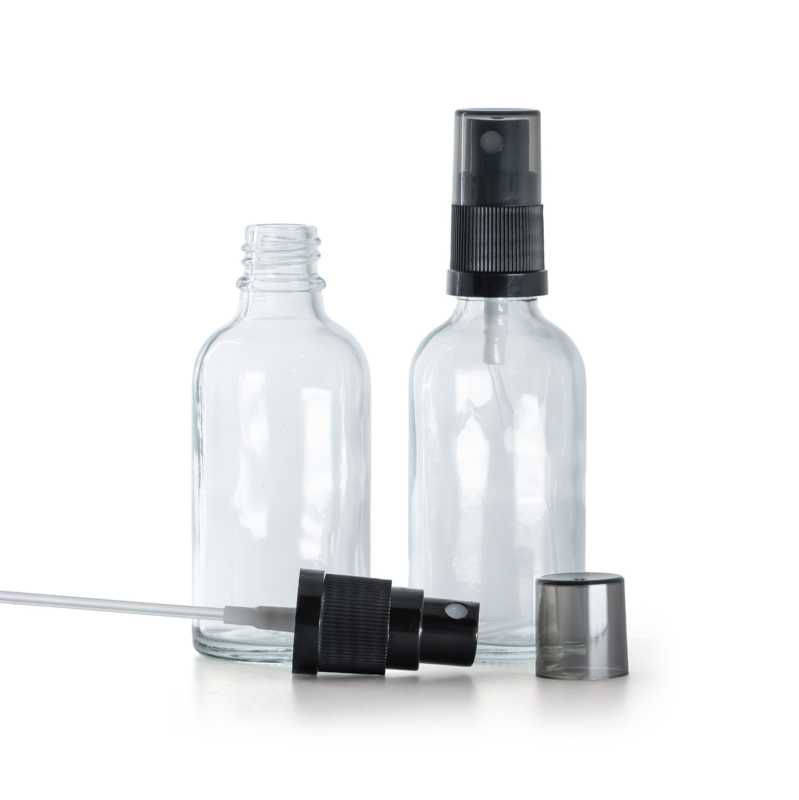 Átlátszó üvegcse, fekete finompermetező, füstös felső kupak, 30 ml