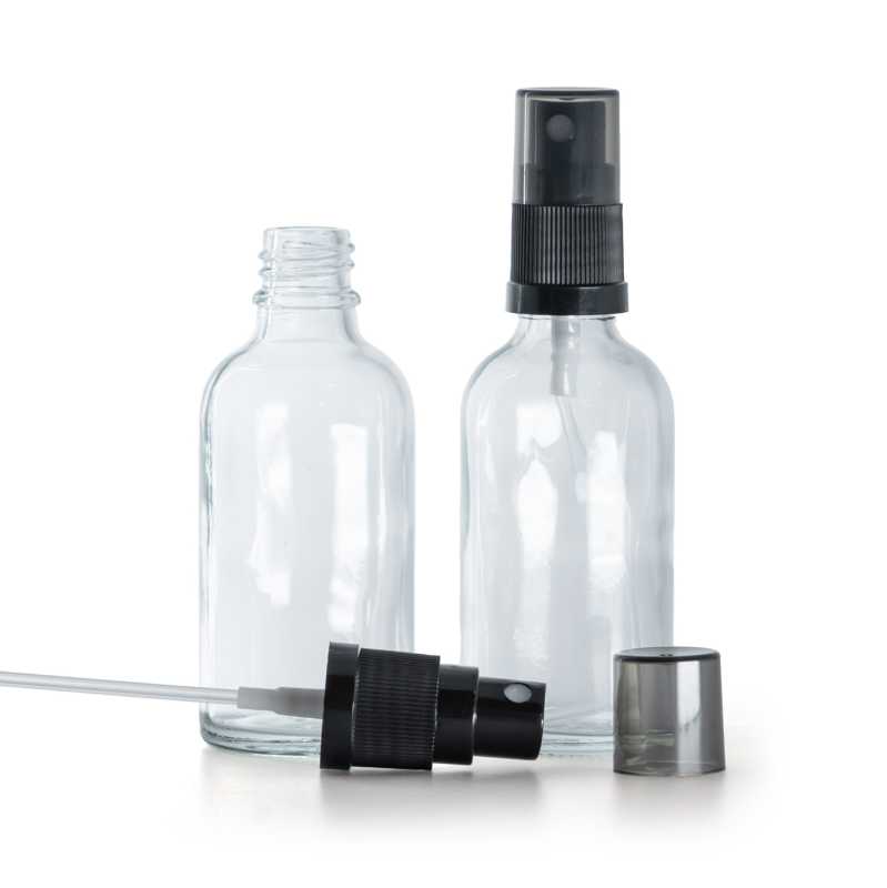 Átlátszó üvegcse, fekete finompermetező, füstös felső kupak, 50 ml