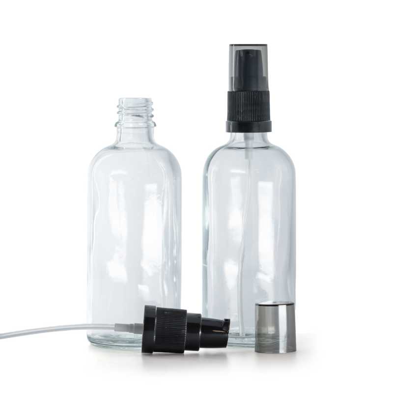 Átlátszó üvegpalack adagoló pumpával és füstszínű kupakkal, 100 ml