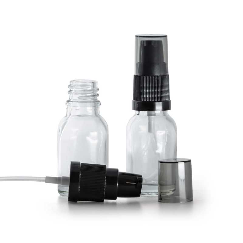 Átlátszó üvegpalack krémadagoló pumpával és füstszínű kupakkal, 15 ml